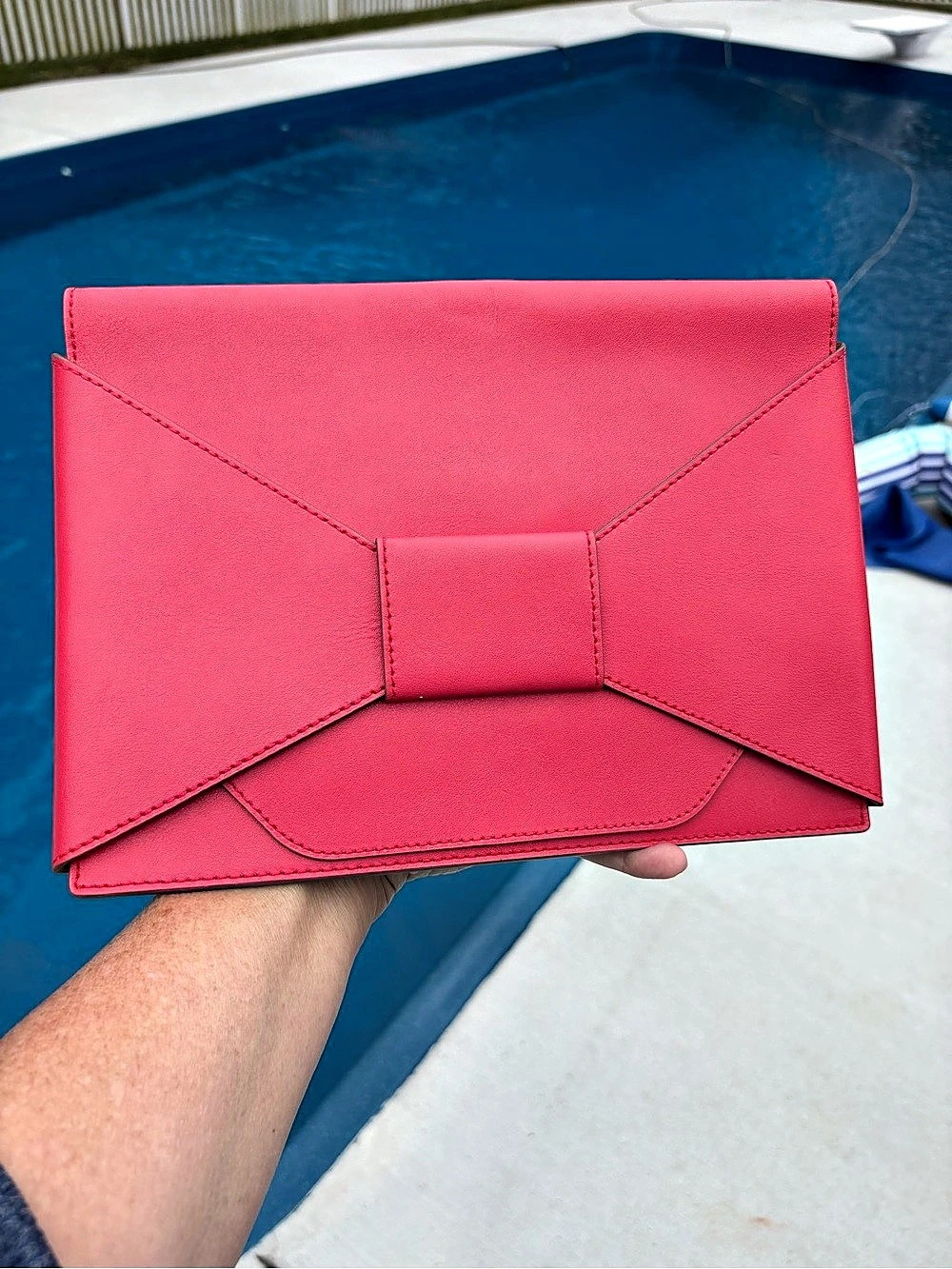 Banana Republic Hot Pink Leather Flat Bow Envelope Clutch Bag 8”x11”